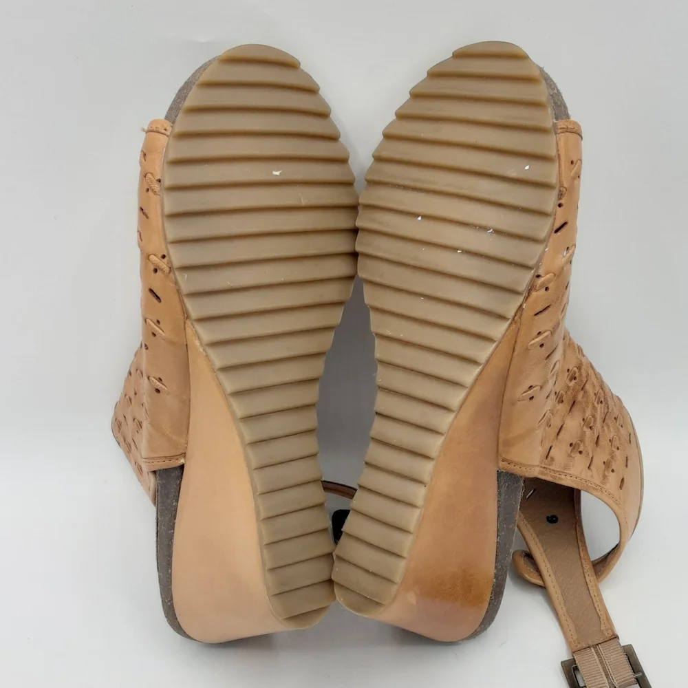 Diba True Leather Boho Tan Perforated Wedge Sandals.